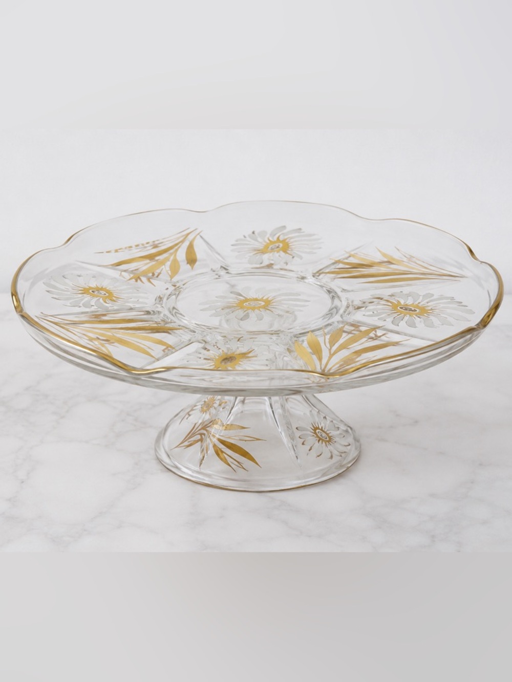 Vintage Mid-Century Glass Cake Stand White Daisy & Gold Floral Serving Plate